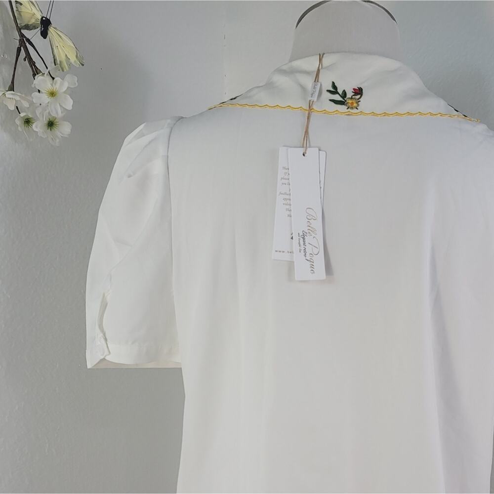 BELLE POQUE Vintage White Peter Pan Embroidered Blouse Puff Sleeve Elegant Retro - Picture 11 of 16